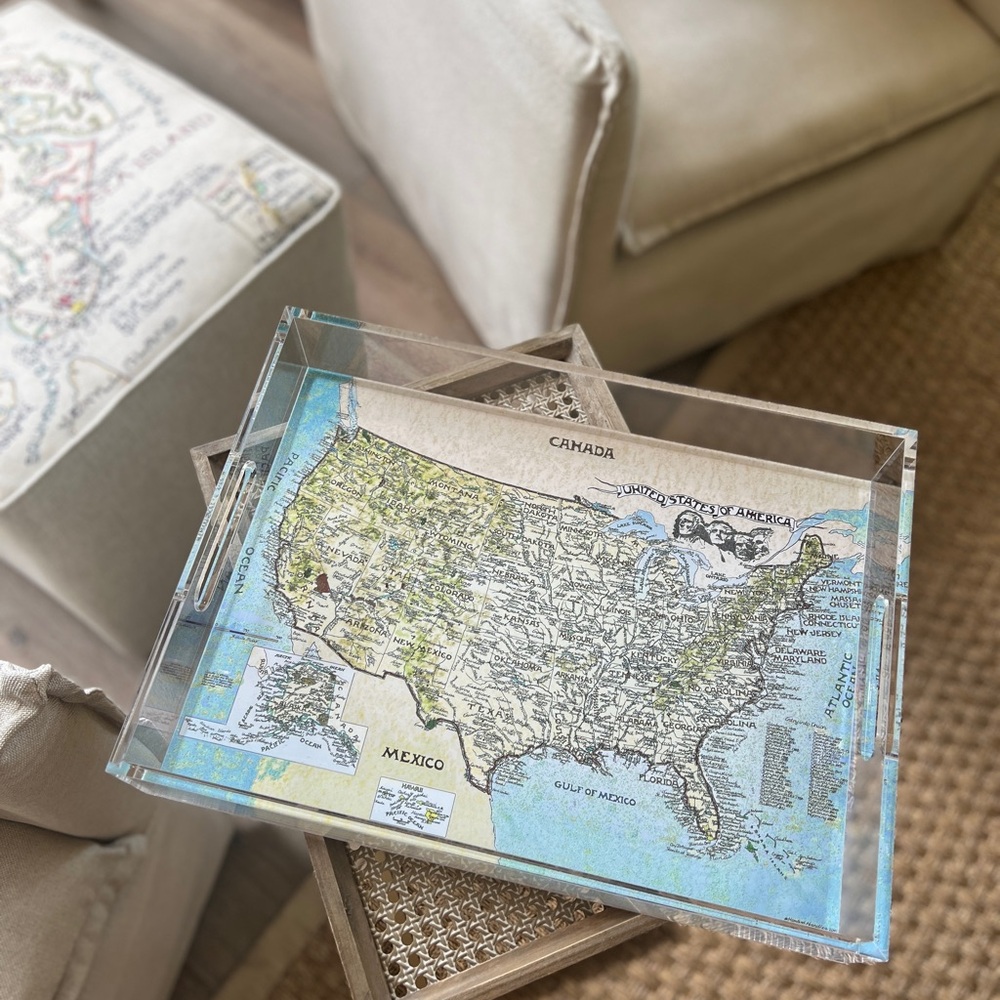 Lucite Acrylic Tray Heavy! 12x18 approx Slip In/Out Bottom! USA Map,New York